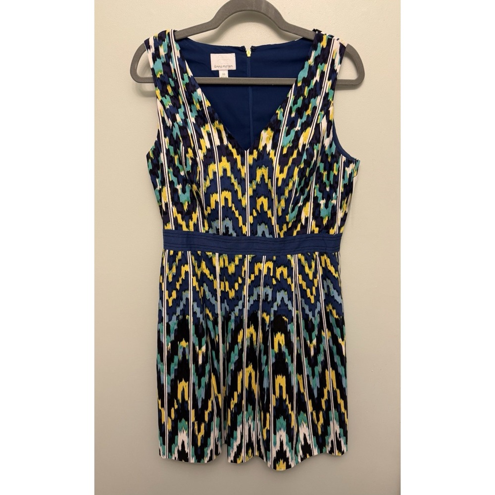 Donna Morgan Fit & Flare Dress‎ Size 10 Navy Yellow Geometric Linen Pockets NWT